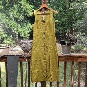 Button Front Midi Dress in 100% Linen Olive Green